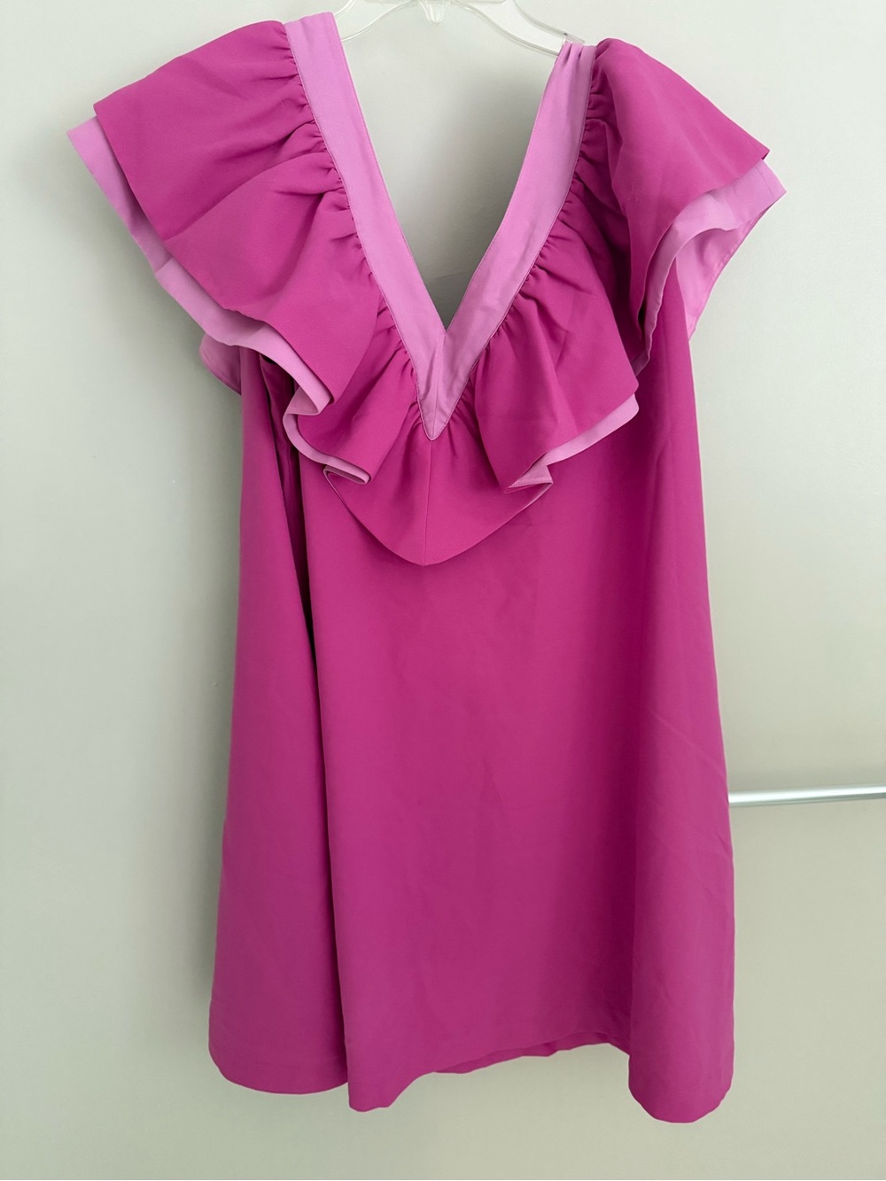 NWT Emily McCarthy Bright Pink Ruffle V-Neck Swing Dress